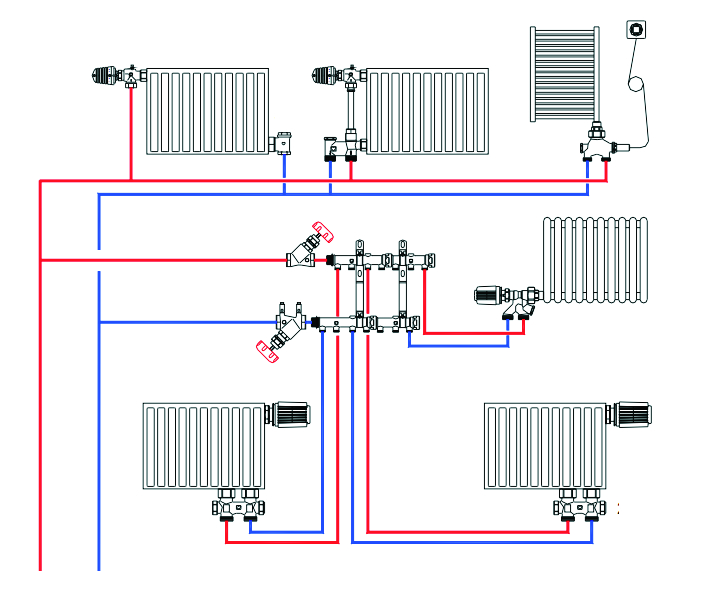 Схема лучевой разводки радиаторов на коллекторах Herz