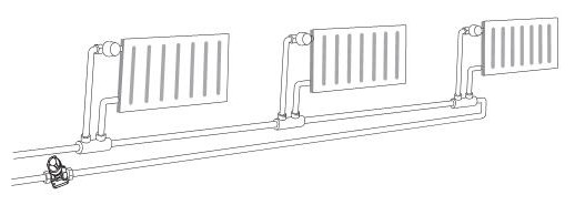 Пример применения комбинированных клапанов AQT-R на стояках однотрубной системы