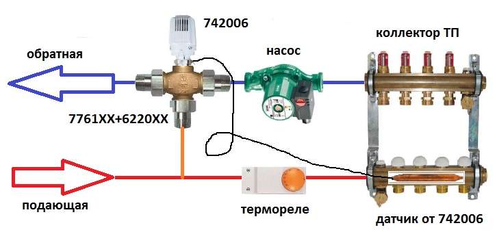 Схема подключения клапана Calis 776101 в узле смешения теплого пола